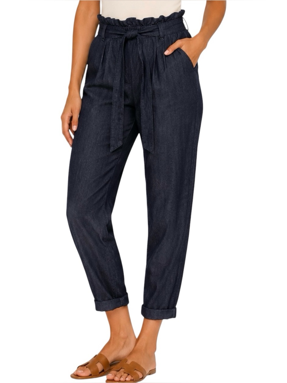 LOFT Dark Wash Chambray Paperbag Waist Tapered Linen Blend Pants M